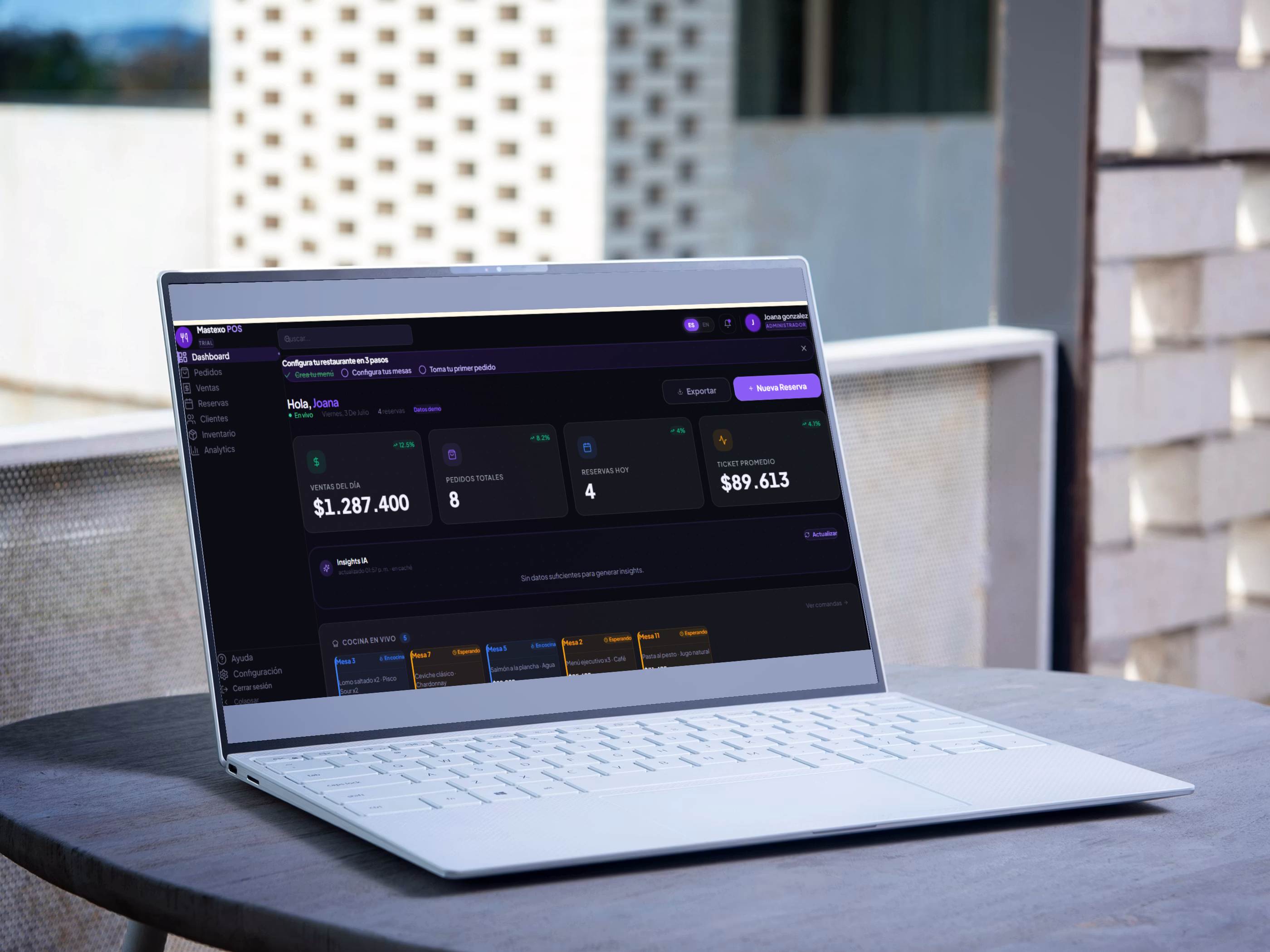 Dashboard de Mastexo POS mostrando ventas del día, pedidos y reservas en tiempo real